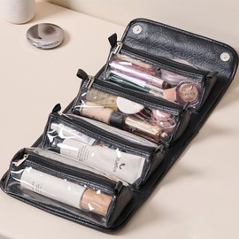 4 in 1Portable Makeup Bag with 4 Detachable Transparent Compartments - Waterproof Leather Foldable Large-Capacity Travel Cosmetic Organizer