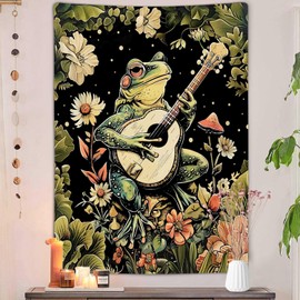 Ptrxobj Boho Funny Frog Vertical Tapestry, Vintage Dark Green Floral Music Tapestry Wall Hanging for Bedroom Aesthetic, Retro Hippie Tapestries Poster Blanket College Dorm Decor (40X60)