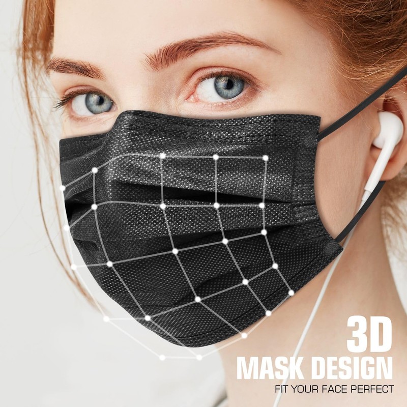 50 PCS Black Disposable Face Masks 3-Ply Filter Earloop Mouth