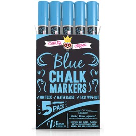 CHALKY CROWN Liquid Chalk Marker Pen - Dry Erase Marker - Chalk Markers for Chalkboard Signs, Windows, Blackboard, Glass - 6mm Reversible Tip (Blue, 5 Pack)