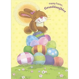 Designer Greetings Brown Bunny Sitting on Stack of Sparkling Colorful Eggs Juvenile Easter Card for Young Granddaughter