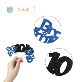 Bro I'm10 Cupcake Toppers - Boy Ten Years Old Bithday - Happy 10th Birthday Party Decoration Supplies Black Blue Glitter - 24 Pcs