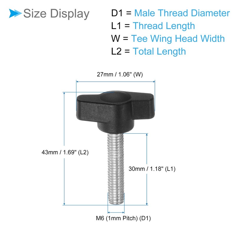 CoCud Tee Wing Knobs Thumb Screw, M6 x 30mm Male