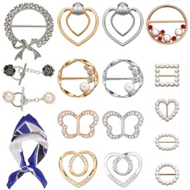 16 Pcs Scarf Ring Clip, Rhinestones Scarf Buckle Pearl T-Shirt Tie Clips, Metal Circle Buckles Fashion Scarf Tie Buckle Rings Knotted Button Cinch Clip for Women Silk Scarf Accessories
