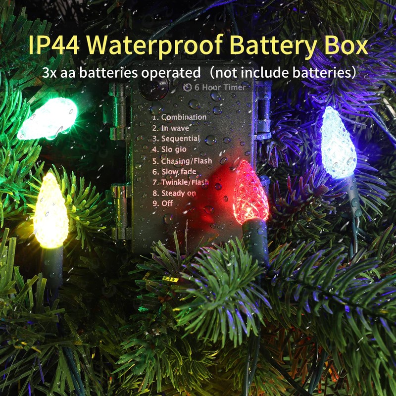 TWINGLEHOME 50LED C6 Lights,Green Wire,Waterproof Battery Case,Multi Functions,Timer,Multi