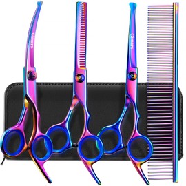 Gimars Dog Grooming Scissors Kit Professional 4CR with Safety Round Tip, 5 in 1 Heavy Duty Titanium Coated Thinning & Curved & Straight Shears