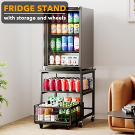 SpaceAid 3 Tier Mini Fridge Stand with Storage and Wheels, Heavy Duty 19.7x19.7in Mobile Refrigerator Shelf Stand Table, Fridge Cart Organizer with Drawer Basket for Home Dorm Office (Black)