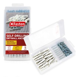 XFasten Plastic Self Drilling Drywall Anchors with Screws Kit (100 Pieces), Plastic Hollow Wall Anchors with Screws for Wood, Drywall, Masonry