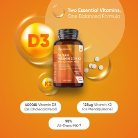 Vitamin D3 4000IU & K2 125μg (MK7) | 240 Easy to Swallow Vitamin D Tablets as Cholecalciferol | 8 Months Supply | VIT D3 K2 Supplements | 1 a Day VIT D
