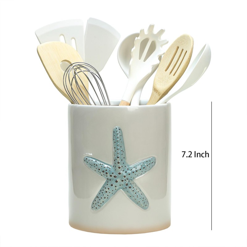 Bicuzat Ceramic Starfish Embossed Utensil Holder, Large Cooking Utensil Crocks