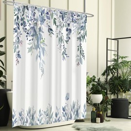 CTOTSYC Eucalyptus Shower Curtain, Blue Watercolor Leaves with Floral Botanical Bathroom Decor, Waterproof Fabric Bath Curtain Set with Hooks, 72x72 Inches