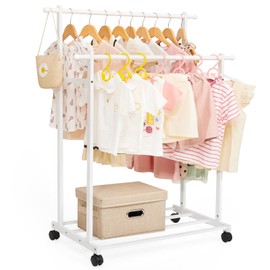 Cozivolife Kids Clothing Rack Bamboo with 2 Hanging Rods and 4 Hooks, Kids Dress Up Rack on Wheels, Small Child Garment Rack for Playroom,Toddlers Bedroom (White)