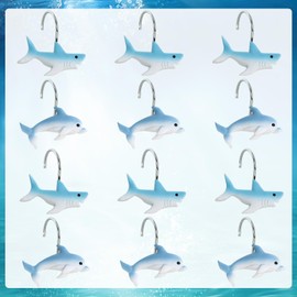 CTOHN 12-Piece Shark Shower Curtain Hooks, Cute Dolphin Fish Stainless Steel Decorative Shower Hangers Rings for Sea Ocean Bathroom Decor