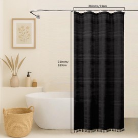 OVZME Black Boho Stall Shower Curtain, Narrow Soft Fabric Striped Linen Textured Bathroom Shower Curtain with Tassel, Modern Farmhouse Weighted Bath Decor, Machine Washable, Black, 36Wx72L Inches