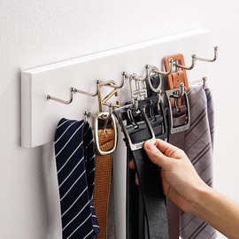 Treehouse Belt Organizer Rack, Holds Over 28 Large Belts, Sturdy Metal & Solid Wood Storage Holder for Closet, Versatile, Wall Mounted Belt & Tie Display Hanger for Bedroom - (White)16''L x4.25''H