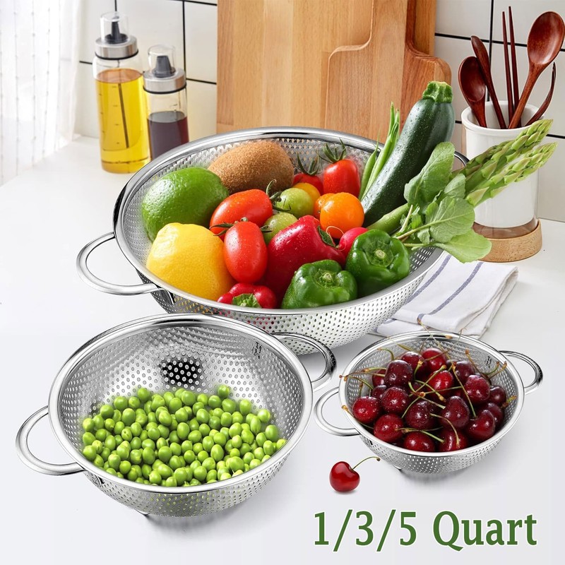 Set of 3 Stainless Steel Colander, 1/3/5Quart, Metal Sink Colander