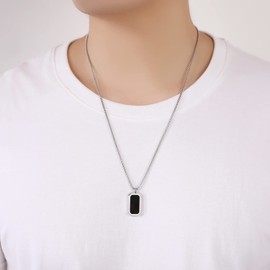 Agate Pendant for Men - Stainless Steel Dog Tag Necklace Black Agate Pendant， 2mm Width Box Chain, 25.6 inch Length, Natural Agate Fashion Jewelry for Men Gifts for Him (Agate pendant)