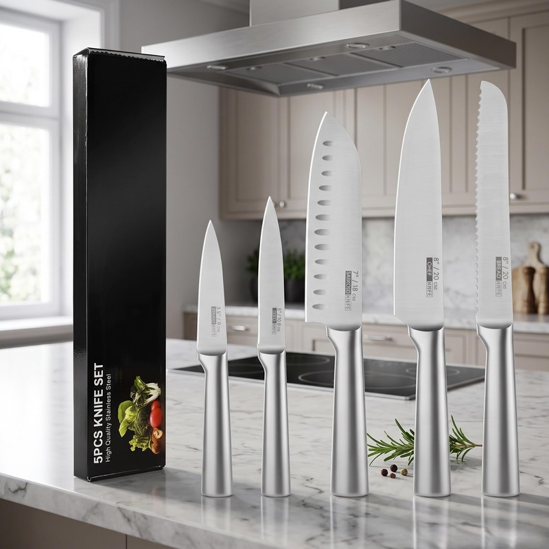 Silver Kitchen Knife Set of 5 - Satin Finish Blade