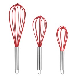 HARFINGTON 3Pcs Silicone Whisk 8" 10" 12" Kitchen Whisk Wire Whisks Beater with Stainless Steel Handle for Egg Milk Whisking Blending Beating & Stirring, Red