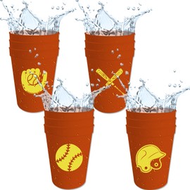 Usumz Softball Birthday Plastic Cups 16oz Sports Softball Game Party Decoration Girls Sport Theme Juice Reusable Cups Softball Bachelorette Party Drinkware 12Pcs Red Gold