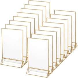 16 Pieces Gold Rimmed Clear Acrylic Table Sign Holders, Double Sided Frame with Gold Border and Vertical Stand for Wedding Table Number, Restaurant Sign, Photo Display, Menu Holder (5 x 7 Inch)