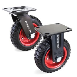 POWERTEC 6 Inch Caster Wheels Set of 2 (1 Swivel & 1 Fixed), Heavy Duty Casters w/Rubber Knobby Tread for Workbench, Dolly, Cart, Trolley, Wagon and Chicken Coop, Large Rubber Castor Wheels (17056)
