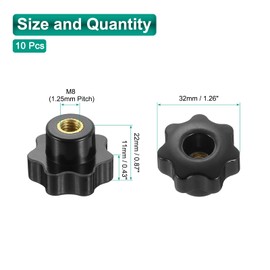 sourcing map 10pcs Clamping Star Knobs M8 Metric Female Thread 32mm 7-Point Star Plastic Head Through Hole Brass Insert Screw-in Threaded Hand Knob Handles Jig Knobs, Black
