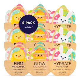 SpaLife Spring & Easter Facial Masks (9Pack) - Hyaluronic Acid, Collagen, Vitamin C Infused - Reduces Dark Circles, Hydrates, Firms Skin - Skin Care Masks for Puffiness, Fine Lines & Wrinkles