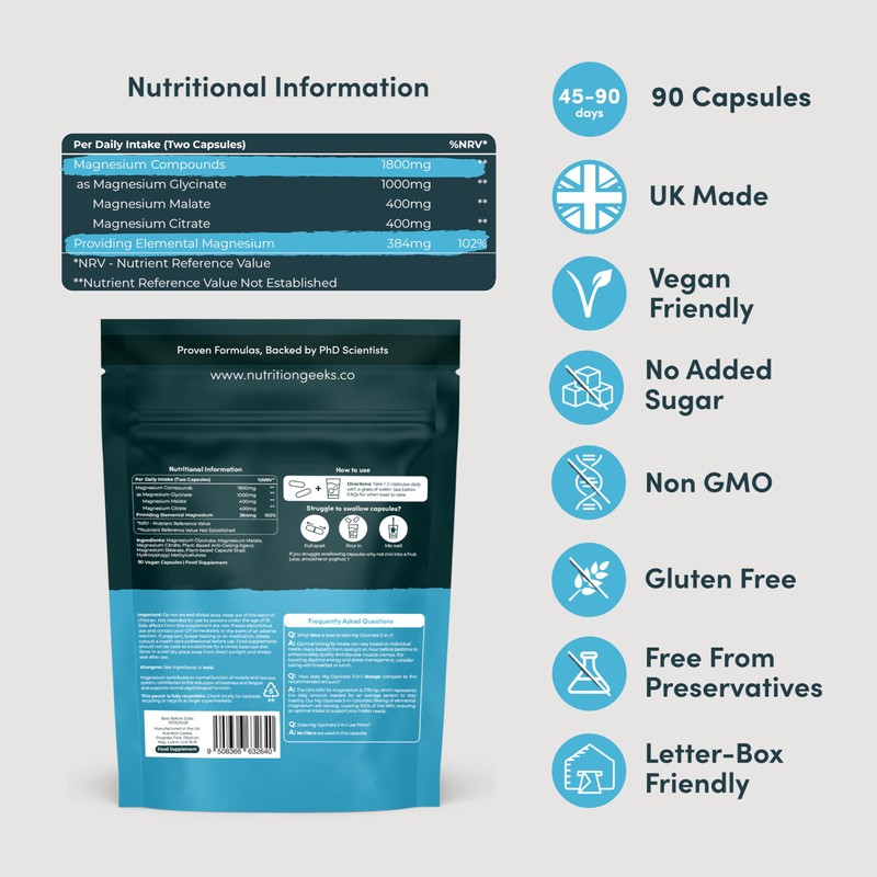 Magnesium Glycinate 3-in-1 Complex - 1800mg Supplements as Bisglycinate, Citrate