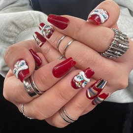 Valentine's Day Handmade Press on False Nails,10pcs Reusable Luxury Fake Nails Press on Coffin Red Nails with Jelly Adhesive Tabs (Size:Medium)