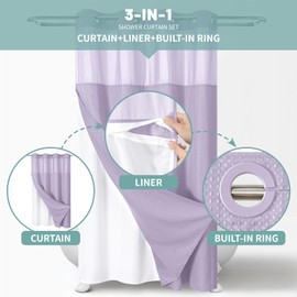 eachope Lavender No Hook Waffle Weave Shower Curtain with snap-in Liner Replacement, 230GSM Waterproof Fabric Hotel Shower Curtain Set for Bathroom, Through Mesh Top Window,54Wx80H