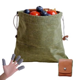 Outdoor Waxed Canvas Foraging Bag – Collapsible Belt Pouch with Drawstring & Finger Guards, Fruit Picking Bag for Camping, Hiking, Berry Harvesting, Waist-Mounted Wax Canvas Storage Pouch (Green)
