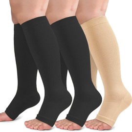 3 Pairs Open Toe Compression Socks for Women Men, Calf Support Toeless Stockings, 20-30 mmHg Sports Sock for Flying Travel Yoga Nurses Running