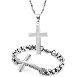 YAQILUBEI Men's Cross Necklace and Bracelet Set 316L Stainless Steel Large Jesus Christ Pendant Jewelry Rolo Chain Black