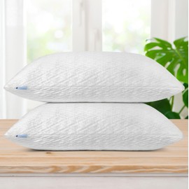 Queen Size Rayon Derived from Bamboo, Cooling Shredded Memory Foam Bed Pillow Sets for Side, Back, Stomach Sleepers, Adjustable, Washable Cover, Queen (Pack of 1)