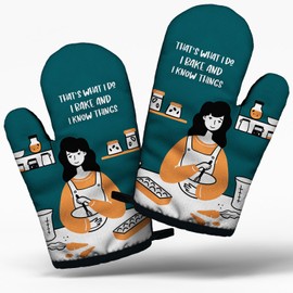 Funny Housewife Cooking and Baking BBQ Kitchen Gadgets with Heat Resistant Silicone Non-Slip, That's What I Do I Bake and I Know Things Oven Mitts Set of 2, Gifts for Bake Lover Mom Aunt Wife Sister