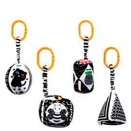 KAKIBLIN Baby Hanging Rattle Toys, 4 Pack Car Seat Stroller Toys Soft Squeaky Toys for Baby 0-6 Months Newborn Infant Car Bed Travel Activity, White and Black