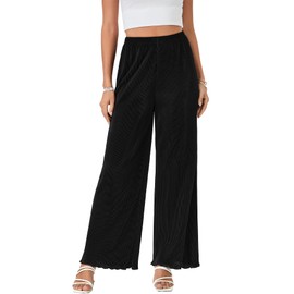 LYANER Women's Casual Wide Leg Pants Pleated High Elastic Waist Flowy Loose Palazzo Pants Work Trousers Black Small