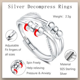 Estrellique 925 Sterling Silver Anxiety Rings, 925 Silver Anxiety Rings for Anxiety Women Children Men, Open Adjustable Anti-Stress Ring with Zircon, 6/7/8 Spinning Beads Double Decompression Ring,