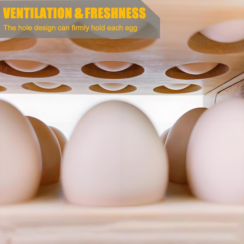 Bamboo Egg Holder & Storage - Stackable Large Capacity Organizer,