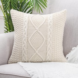 MANDIOO Cotton Knitted Beige Decorative Throw Pillow Covers Soft Cozy Outdoor Cushion Cases Luxury Modern Pillowcases for Couch Sofa Bed 24x24 Inches