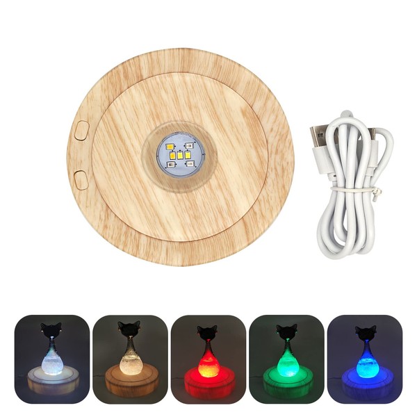 LED Light Rotating Display Base, Multicolor Spinning Round Crystal Glass Lighted Display Base Stand for Glass Bottle Crystal Art Figurine Decoration (Wood Grain)