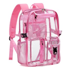 Flowston Clear Backpack for School, 17 inch Large TPU Heavy Duty See Through Bookbag for Boys Girls Women Men, Transparent Backpack With All-Around Reflective Strips for College Work Travel,Pink