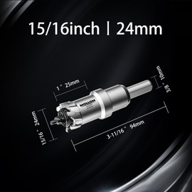 Mollom (15/16'' | 24mm) Heavy Duty Carbide Hole Saw with 2 Pilot Drill Bits, Hole Cutter cuts Stainless Steel, mild Steel, Iron, Copper, Brass, Plastic