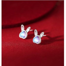 Solid 925 Sterling Silver Bunny Rabbit Stud Earrings for Women Cute Opal Rabbit Stud Earrings (White, One size)