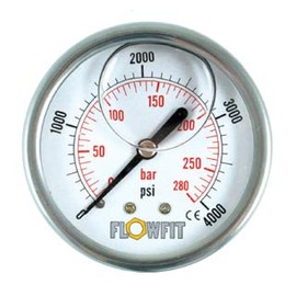 Flowfit Hydraulic Pressure Gauge, Glycerine Filled, 63mm Dial Size, 1/4" Rear Entry (0-3000 PSI (207 Bar))