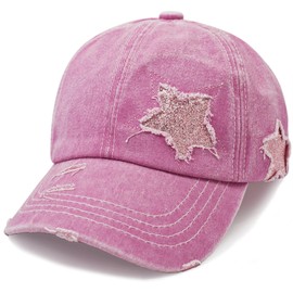Rumnoke Ponytail Baseball Cap for Women Messy High Bun Hat Adjustable Washed Sun Hats Pink