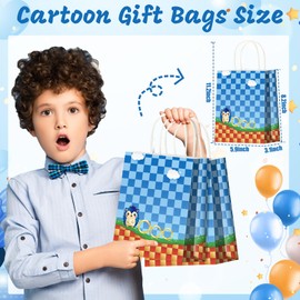 GZDUCK Hedgehog Party Favor Bags- 16Pcs Hedgehog Gift Bags, Blue Cartoon Candy Goodie Treat Bag with Handle, Cartoon Paper Bag for Boys Girls Birthday, Baby Shower, Kids Birthday Party Decorations