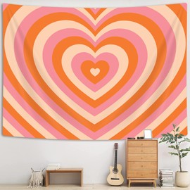 Uokiuki Retro Hippie Tapestry Cute Heart Tapestry 60s 70s Groovy Tapestry Aesthetic Y2K Tapestry Wall Hanging for Studio Room Bedroom Living Room Dorm 60 X 40 Inch Orange