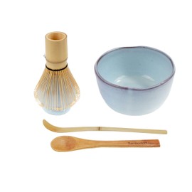 BambooMN Brand - Matcha Bowl Set (Includes Bowl, Rest,Tea Whisk, Chasaku, & Tea Spoon) 1 Set Shimmering Blue